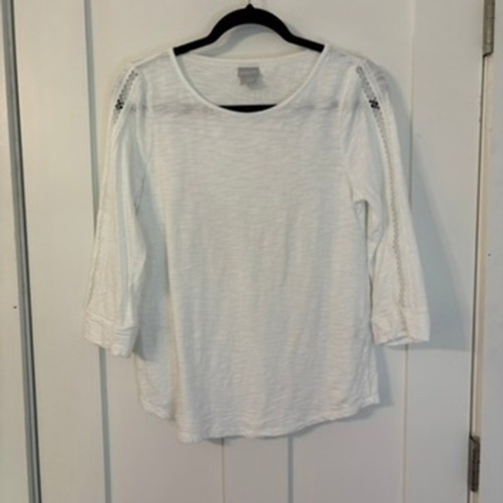 Chicos White Slub Knit Ladder Lace 3/4 Sleeve Top Size 0 US S Minimalist Coastal